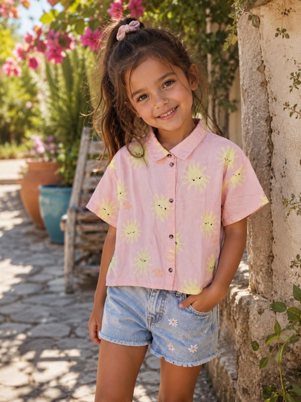 H&M Kids Pink Hello Sun Print Linen Cotton Summer Vacation Button-Front Shirt